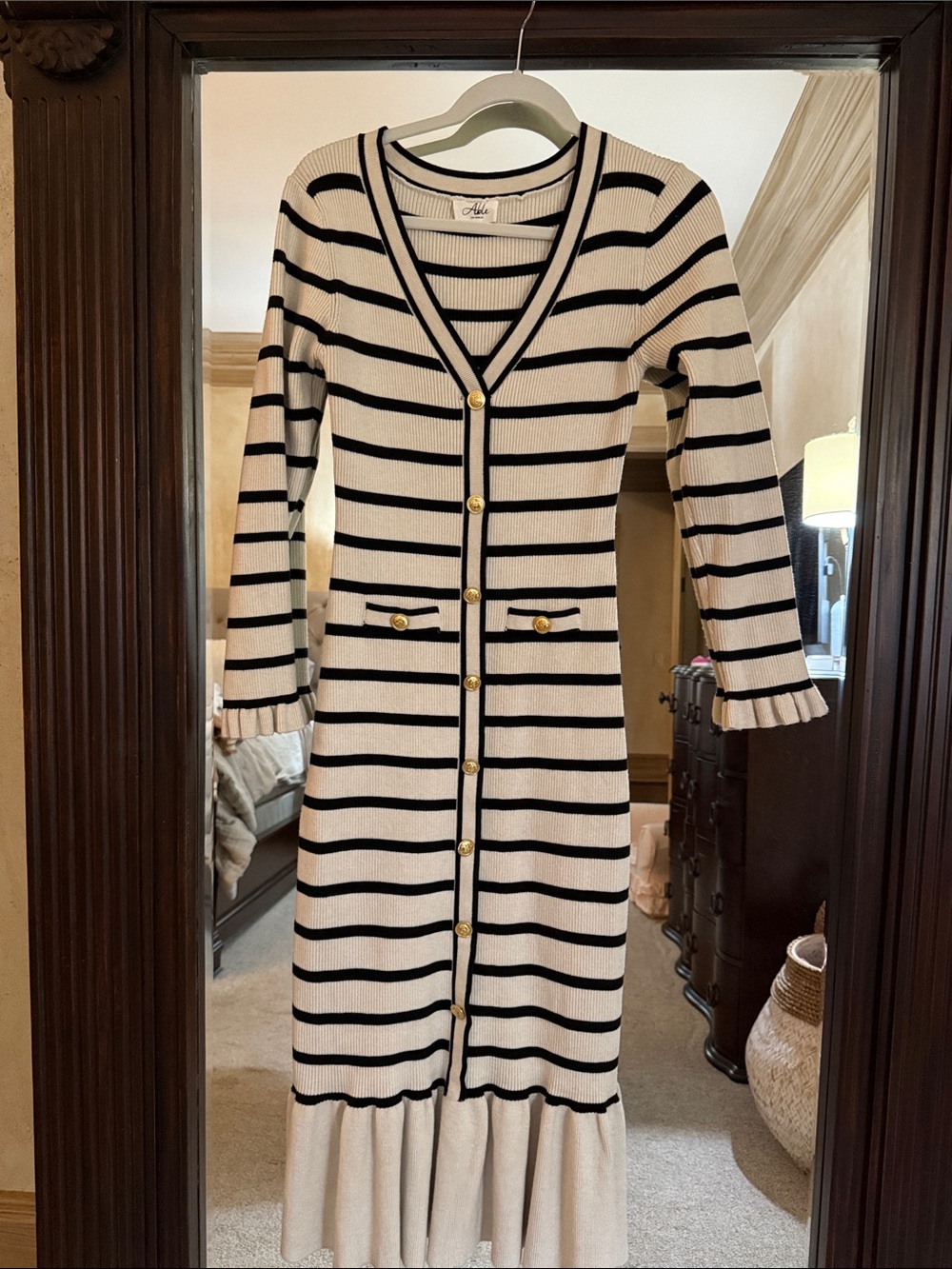 Able Cream and Black Striped Button-Front Maxi Dress